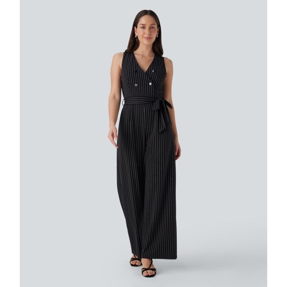 Halara NWT Vest Sleeveless Belted Stripe Work Jumpsuit Pockets Navy Small